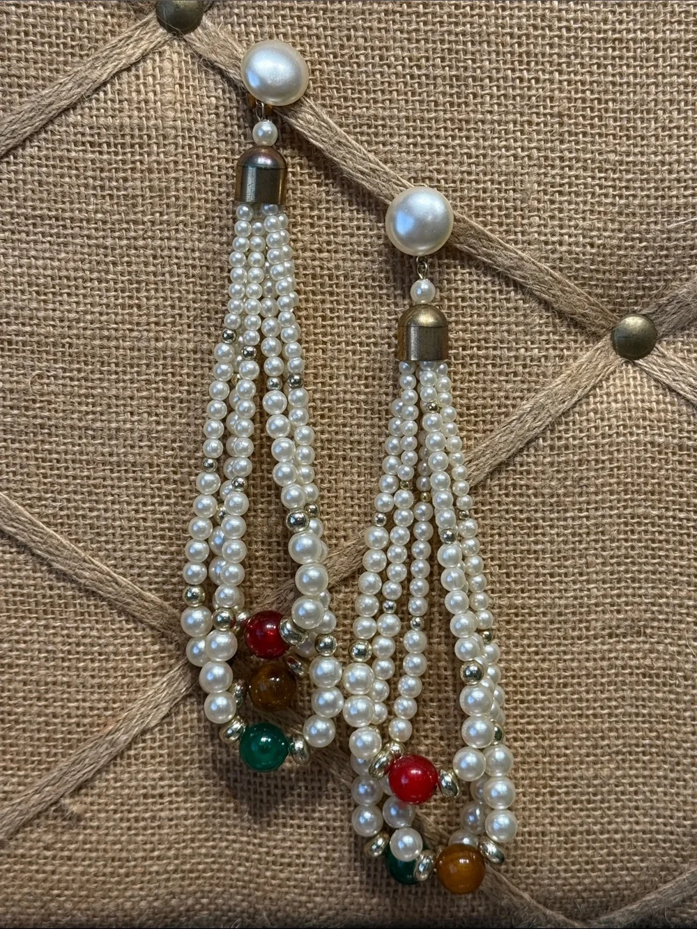 Pearl Multi-Strand Tassel Drop Clip Earrings with Colored Accent Beads